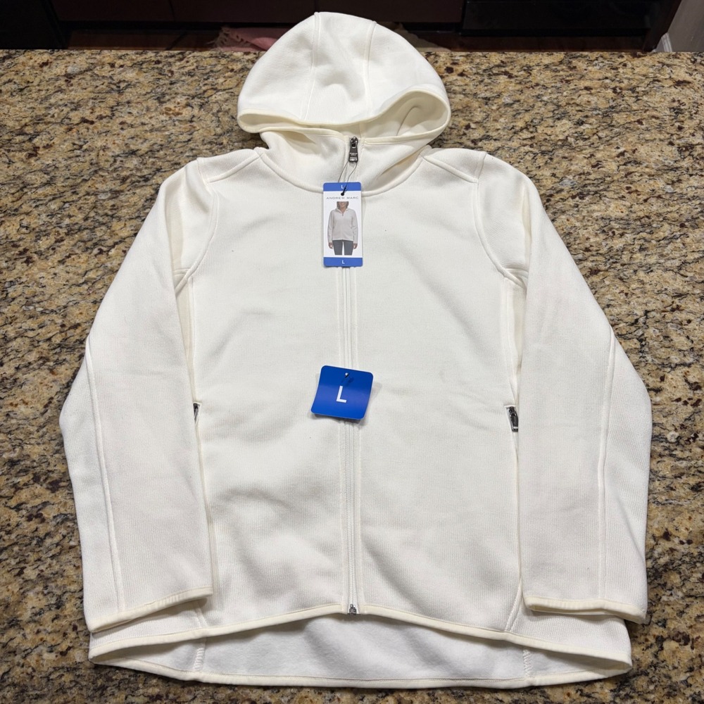 NEW Andrew Marc Womens Cream Full Zip Fleece Lined Hoodie Sweatshirt Large ws